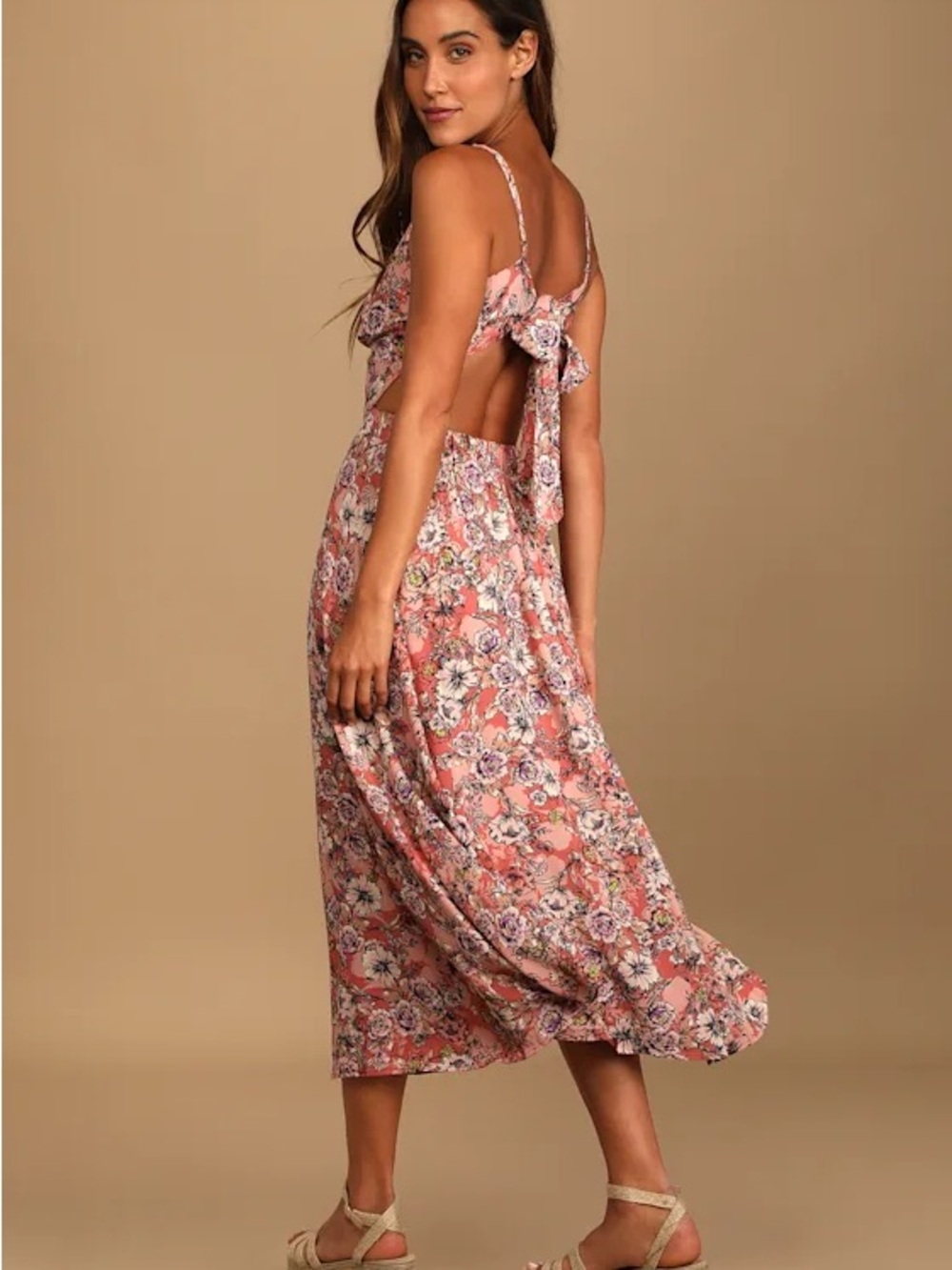 Lulu's Pink Floral Tie-Back Midi Dress